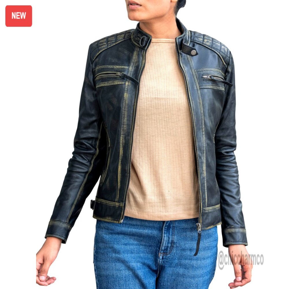 Quilted Lambskin Leather Jacket Women's Cafe Racer Style Motorcycle Biker